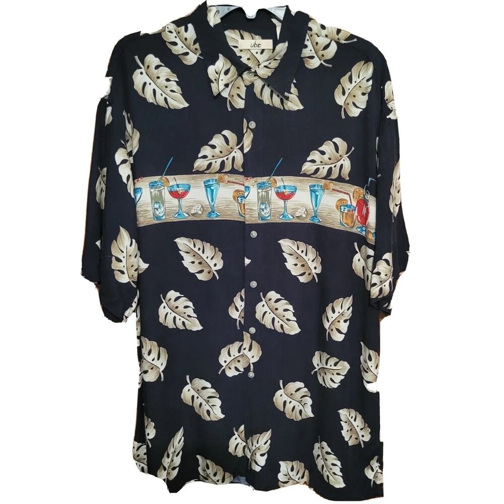 Hawaiian Shirt Martini Cocktails Palm Leaves Vintage Camp UBC Mens Large Rayon